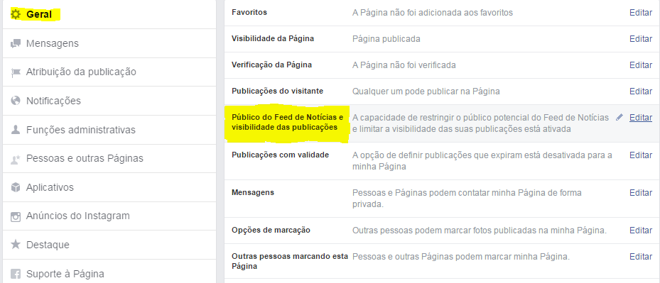 Alcance organico no facebook tela configuração