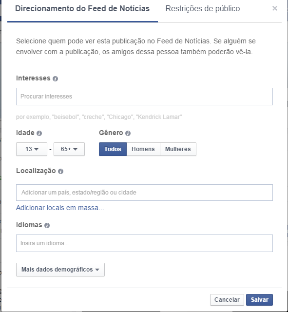 Alcance organico no facebook tela personalização de público